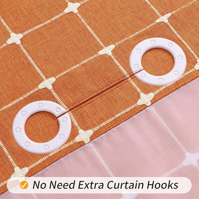 MitoVilla No Hooks Required Orange Shower Curtain with Snap-in Liner - with Window & Magnets, Boho Cotton Linen Fabric Shower Curtains with Tassels for Rustic Bathroom Decor, Burnt Orange, 72 x 74
