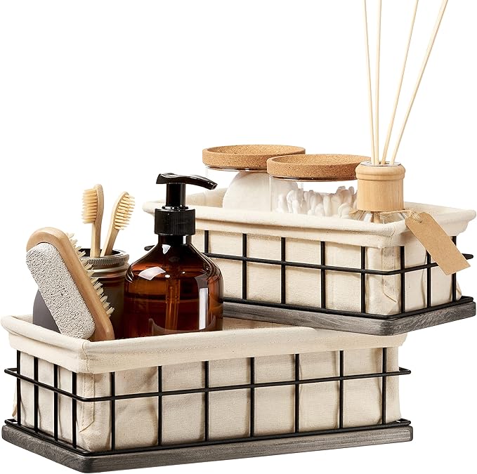 BAOBAB WORKSHOP Set of 2 Metal & Wooden Basket with Liners - Bathroom Basket Organizer & Kitchen Storage Decor - Toilet Paper Baskets for Back of Toilet Tank Tray Topper