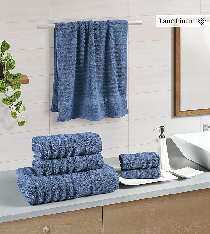 LANE LINEN Bathroom Towel Set - Premium Quality 100% Cotton Bath Towels Set of 6 Large Size - Quick Dry, Absorbent Hotel Towels for Bathroom Luxury - Includes 2 Bath, 2 Hand & 2 Wash Cloths - Denim