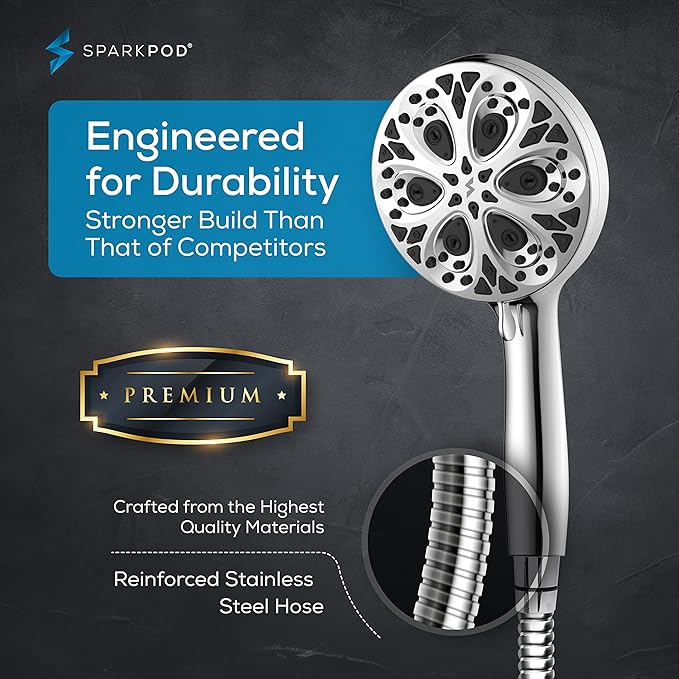 SparkPod 10-Mode Handheld Shower Head with Hose - 5" High Pressure Shower Head with Handheld Touch-to-Clean Nozzles, Built-In Power Jet, Stainless Steel 6ft Hose & Bracket (Polished Chrome)