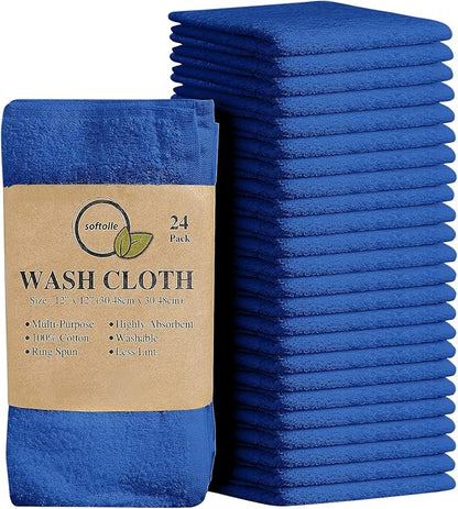Softolle 100% Cotton Washcloths 24 Pack (12x12 Inches) Soft, Highly Absorbent Washcloth, Face Towels, Wash Cloths for Face, Ring Spun, Bulk Pack (Royal Blue)