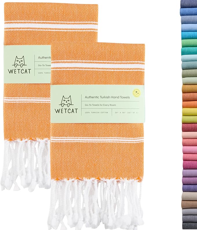 WETCAT Turkish Hand Towels with Hanging Loop, Set of 2 (20" x 30") 100% Turkish Cotton, Pre-Washed, Quick Drying, for Kitchen or Bathroom - Orange