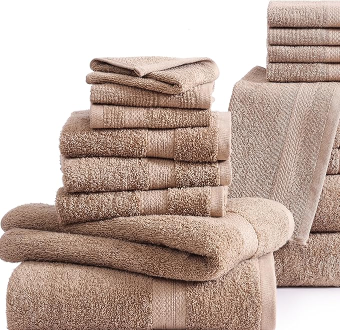 LANE LINEN 100% Mercerized Cotton Bathroom Towel Set - 16 Pieces - Fluffy, Super Soft & Highly Absorbent - 4 Bath Towels, 8 Washcloths, 4 Hand Towels - Ring Spun, Double Sided Cotton Terry - Taupe