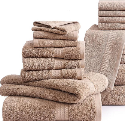 LANE LINEN 100% Mercerized Cotton Bathroom Towel Set - 16 Pieces - Fluffy, Super Soft & Highly Absorbent - 4 Bath Towels, 8 Washcloths, 4 Hand Towels - Ring Spun, Double Sided Cotton Terry - Taupe