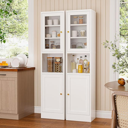 Narrow Glass Door Storage Cabinet Tall Metal Storage Cbinets with 4 Adjustable Shelves Freestanding 5 Tier Slim Pantry Cabinet for Kitchen Office Small Space