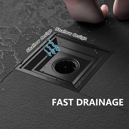 Neodrain Square Shower Drain,6 inch Black Stainless Steel 304 Grate and PVC Drain Body, Grate with Kit Includes Hair Trap/Strainer,Lifting Hook and PVC Drain Base