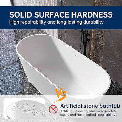 67'' Flatbottom Bathtub Solid Surface Freestanding Bathtub Matte Bathroom Soaking Bathtubs Resin Stone Oval Soak Tubs with Overflow and Pop-up Drain - White