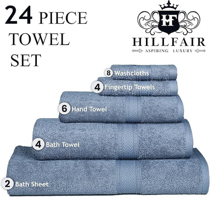 HILLFAIR 24 Piece Bath Towels Set for Bathroom- 100% Cotton 24 PC Bulk Pack Hotel Spa Towel Set- 2 XXL Oversized Big Towels, 4 Bath Towels, 6 Hand Towels, 4 Fingertip Towels, 8 Washcloths: Blue
