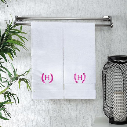 Monogrammed Hand Towels for Bathroom Makeup, Personalized Turkish Cotton Towel with Embroidery, Gift for Weddings, Housewarming, Anniversaries, and Bridal Showers, Set of 2 (Hot Pink, Initial H)