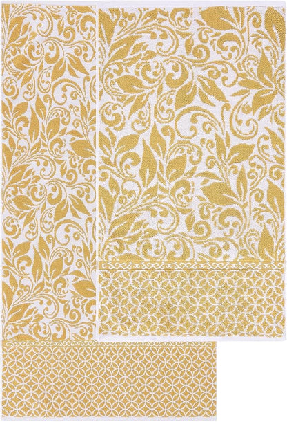 Modern Threads Trefoil Filigree 6-Piece 100% Cotton Towel Set – Reversible Yarn Dyed Jacquard – Includes 2 Bath Towels, 2 Hand Towels, 2 Washcloths – Absorbent, Quick Dry, Soft & Durable – Gold