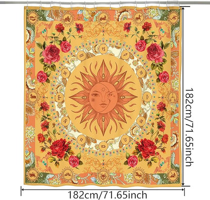 Bohemian Shower Curtain, Boho Floral Print Water Repellent Polyester Fabric for Bathroom Decor, 72×72 Inch Standard Size with 12 Hooks, Also as Room Divider