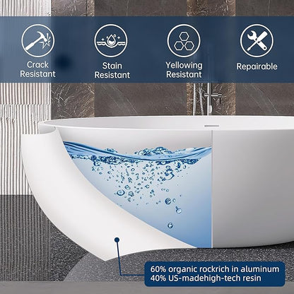 67'' Freestanding Soaking Bathtub Stone Resin Deep Bathtub Modern Bathtub Deep Soaking Bathtub with Overflow and Pop-up Drain…