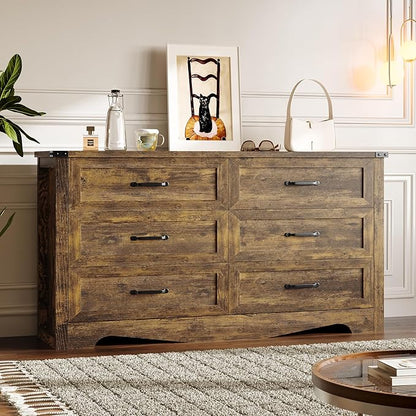 6-Drawer Dresser for Bedroom, Modern Wooden Chest of Drawers with Metal Handles, Anti-Tipping Design, Sturdy and Stable Storage Organizer for Living Room, Entryway, Home Office