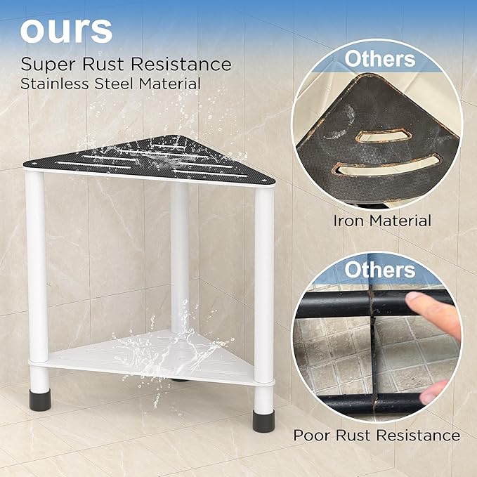 Stainless Steel Shower Stool for Inside Shower, 15.4'' H Shower Foot Rest, Corner Shower Stool with Storage Shelf, Shower Step for Shaving Legs, Bathroom Corner Shower Bench, White