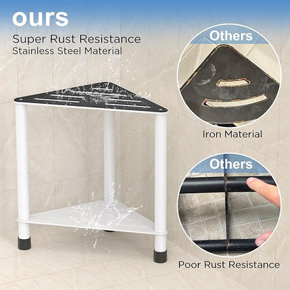 Stainless Steel Shower Stool for Inside Shower, 15.4'' H Shower Foot Rest, Corner Shower Stool with Storage Shelf, Shower Step for Shaving Legs, Bathroom Corner Shower Bench, White