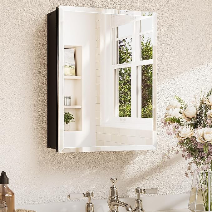 TETOTE 14 x 18 Medicine Cabinet with Tempered Beveled Mirror Black Mirrored Medicine Cabinets for Bathroom Aluminum Cabinet DTC Hinges, Stepless Adjustable Shelves, Recessed/Surface-Mounted