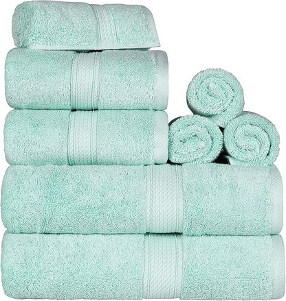 Superior Egyptian Cotton Pile 8 Piece Towel Set, Includes 2 Bath, 2 Hand, 4 Face Towels/Washcloths, Ultra Soft Luxury Towels, Thick Plush Essentials, Guest Bath, Spa, Hotel Bathroom, Sea Foam