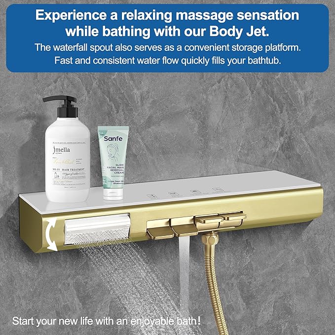 Brushed Gold 12" Rainfall Shower System with Handheld & Body Jets, Wall-Mounted Rain Shower Kit with Slide Bar Combo, Pressure-Balanced Valve with Tempered Glass Shelf & Waterfall Spout Shower Set