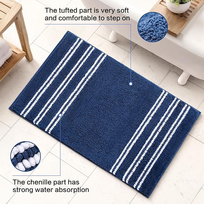 Kmson Bathroom Rugs Mat, 36"x24" Ultra Soft Washable Shaggy Chenille Bath Rugs, Non-Slip Fluffy Thick Water Absorbent Microfiber Mat for Bathtub, Sink and Shower, Navy Blue