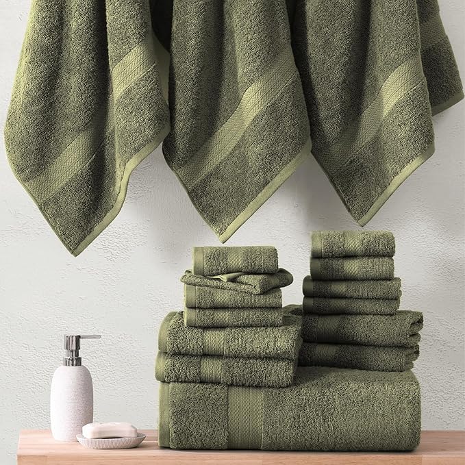 LANE LINEN 100% Cotton Luxury Towel Set for Bathroom - 18 Pieces, Ring Spun - Plush, Soft & Highly Absorbent - 4 Shower Towels, 8 Washcloths, 6 Hand Towels - Complete Bathroom Towel Set - Oil Green