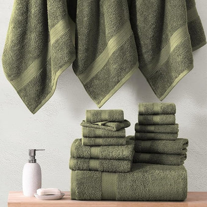 LANE LINEN 100% Cotton Luxury Towel Set for Bathroom - 18 Pieces, Ring Spun - Plush, Soft & Highly Absorbent - 4 Shower Towels, 8 Washcloths, 6 Hand Towels - Complete Bathroom Towel Set - Oil Green