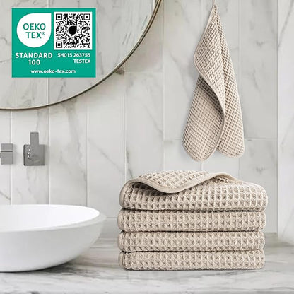 POLYTE 430 GSM Microfiber Lint Free Washcloth Face Towel, 13 x 13 in, 4 Pack (Waffle Weave)