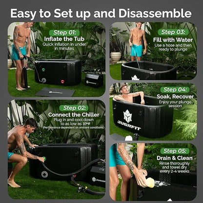 Cold Plunge Tub with Water Chiller – 53”L×32"W, 121 Gal Inflatable, Portable Ice Bath Tub for Outdoor or Indoor Use – 37℉ Chiller, Pump, & Filter – Boost Athletic Recovery, Mood, & Energy with JUGRFIT