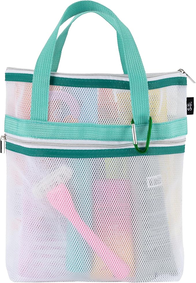 S&T INC. Mesh Shower Caddy, Shower Bag for Dorm Room Essentials, Gym Bag, Camping and More, Two Zippered Pockets, White and Teal, 10 Inches x 10 Inches