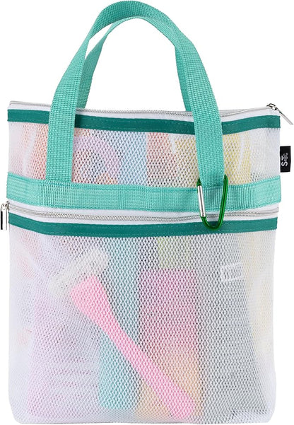 S&T INC. Mesh Shower Caddy, Shower Bag for Dorm Room Essentials, Gym Bag, Camping and More, Two Zippered Pockets, White and Teal, 10 Inches x 10 Inches