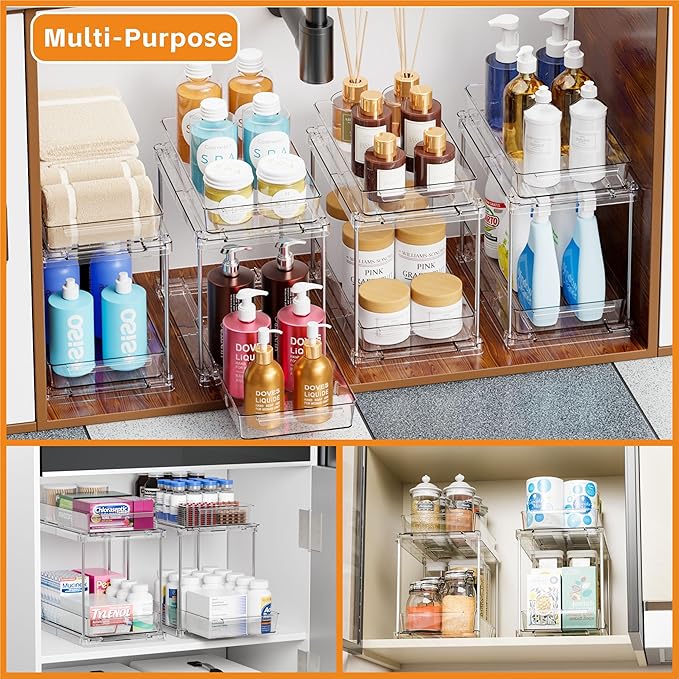 Yieach 2 Pack Pull Out Under the Sink Organizer,2 Tier 10.6″ High Medicine Cabinet Organizer for Vitamin,Pill Bottle,Supplement,Slide out Undersink Organizers and Bathroom Vanity Storage for Cupboard
