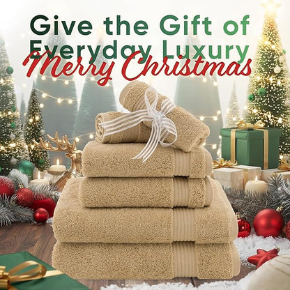 American Veteran Towel, 6 Piece Towel Set for Bathroom, 100% Cotton Turkish Bathroom Towels, 2 Bath Towels 2 Hand Towels 2 Washcloths, Beige