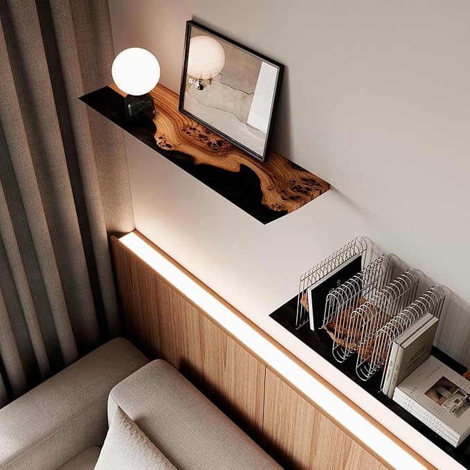 RWA Live Edge Floating Shelf – Unique Wood Floating Shelf for Wall Decor, Living Room, Bedroom, or Bathroom – Stylish Decorative Wall Shelves for Home & Office (Live Edge, Black - 16x6)