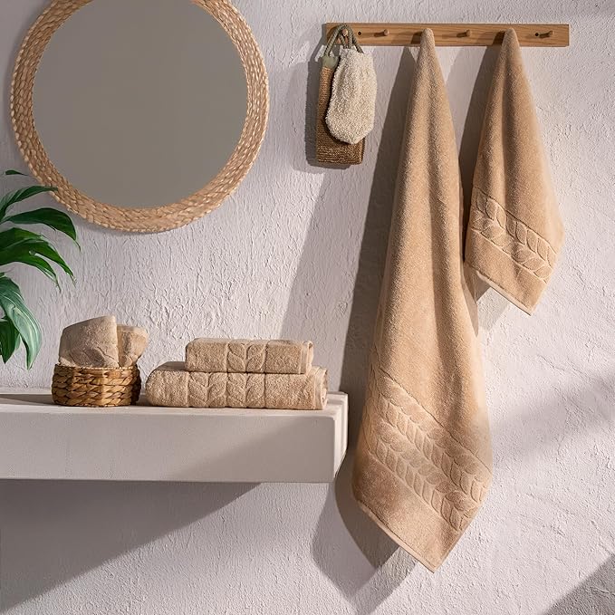 BAGNO MILANO Organic Turkish Cotton Bath Towels, Luxury Jacquard Collection, Certified Organic Highly Absorbent, Soft-Plush Towel Set (Latte, 2 Pcs Bath Towel Set)