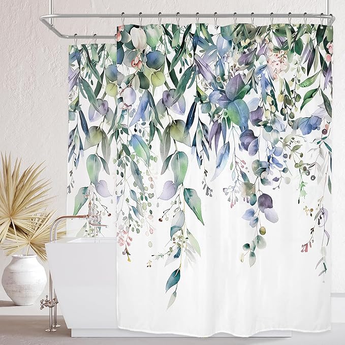Riyidecor Clawfoot Tub Extra Wide Wrap All Around Circular Round Shower Curtain for Bathroom Decor 180Wx70H Eucalyptus Plants Art Printed Fabric Polyester Waterproof 32 Pack Plastic