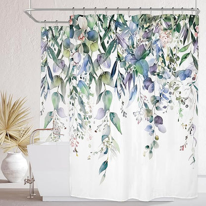 Riyidecor Clawfoot Tub Extra Wide Wrap All Around Circular Round Shower Curtain for Bathroom Decor 180Wx70H Eucalyptus Plants Art Printed Fabric Polyester Waterproof 32 Pack Plastic