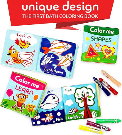 BabyBibi Color Me Bath Books Plus Crayons – Set of 4 Different Books – Includes 6 Washable Bath Crayons – Learn and Play Including Opposites and Shapes – Suitable for 2+