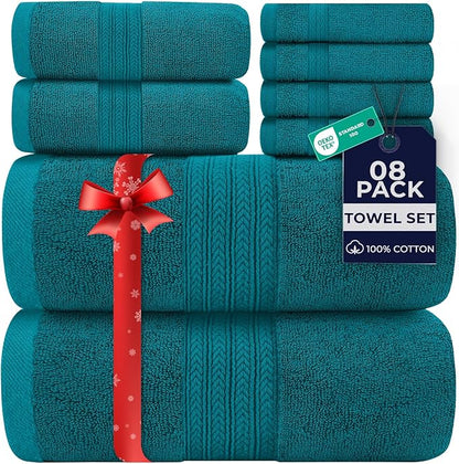 DAN RIVER 8 PC Luxury Bath Towels for Bathroom, 2 Bath, 2 Hand, and 4 Wash Cloths, 600 GSM 100% Ring Spun Cotton Towel Set, Highly Absorbent, Gym, Hotel, and Spa, Teal