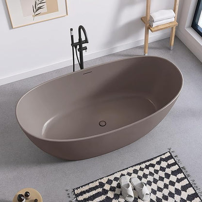 SJ STAR&JANE 65" Solid Surface Freestanding Bathtub Stone Resin Soaking Tub Gray Coffee Double Slippers Stand Alone Oval Tub with Pop-up Drain and Overflow for Bathroom