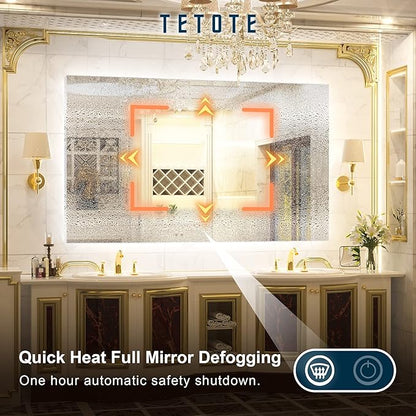 TETOTE 60 x 36 Inch LED Backlit Bathroom Vanity Mirror with Light,Anti-Fog,Dimmable,CRI90+,Touch Button,Water Proof,Large,Lighted Mirror,Horizontal/Vertical Wall Mounted