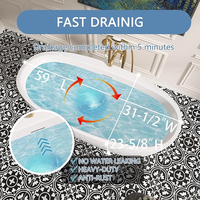59" Free Standing Tub, Pure Acrylic Freestanding Bathtub, Stylish Stand Alone Contemporary Deep Soaking Bath Tub, cUPC Certified SY5850 (Glossy White)