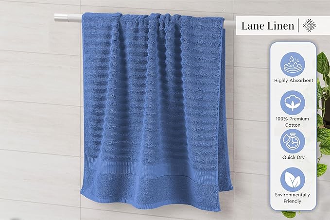 LANE LINEN Bath Towels Set - Luxury 100% Cotton Towels for Bathroom, Hotel & Spa - Zero Twist, Soft, Absorbent, Textured Bathroom Towel Set - Includes 2 Bath, 2 Hand & 2 Washcloths - Cerulean Blue