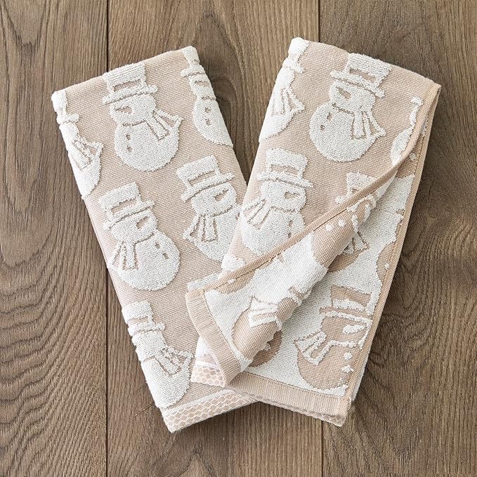 SKL Home Christmas/Winter Snowman Jacquard 100% Cotton Reversible 2pc Hand Towel Set, Soft & Absorbent, Decorative for Bath/Kitchen/Bar & Gift, Tan
