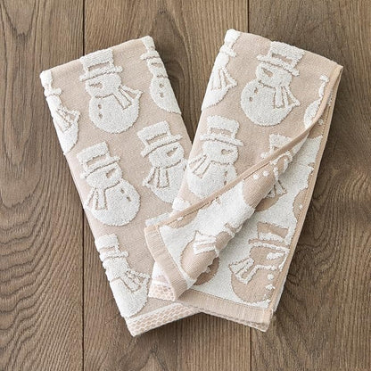 SKL Home Christmas/Winter Snowman Jacquard 100% Cotton Reversible 2pc Hand Towel Set, Soft & Absorbent, Decorative for Bath/Kitchen/Bar & Gift, Tan