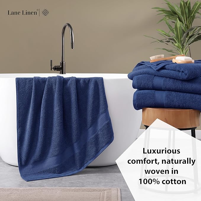 LANE LINEN Bath Towels 4 Pack (28"x54") - 100% Ring Spun Cotton Towels Set for Bathroom - Durable, Quick Dry, Soft & Highly Absorbent Long Lasting Bath Towel Set - Dorm Essentials for Boys - Navy Blue