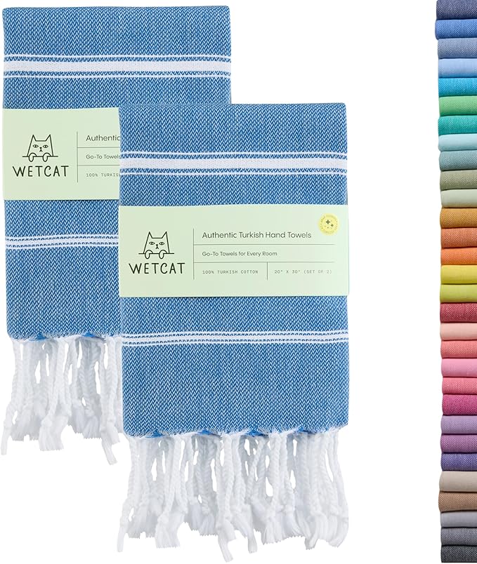 WETCAT Turkish Hand Towels with Hanging Loop, Set of 2 (20" x 30") 100% Turkish Cotton, Pre-Washed, Quick Drying, for Kitchen or Bathroom - Blue