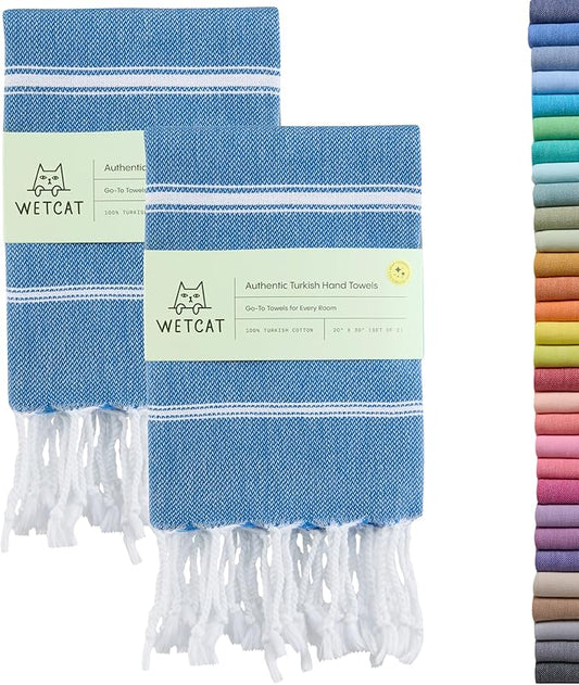 WETCAT Turkish Hand Towels with Hanging Loop, Set of 2 (20" x 30") 100% Turkish Cotton, Pre-Washed, Quick Drying, for Kitchen or Bathroom - Blue