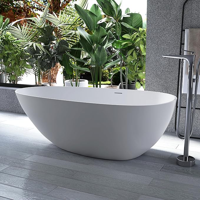 67" Stone Resin Freestanding Bathtub, Oval Solid Surface Bathroom Freestanding Tub, Thin Edge Stand Alone Tub with Integrated Slotted Overflow and Pop-up Drain, Matte White 302-170