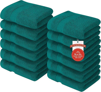 RIVERSIDE 12 Pack Premium 100% Cotton Face Washcloths, 550 GSM, 12 x 12 Inches, Soft, Absorbent Towels for Body & Shower, Bathroom Wash Clothes, Durable Face Towels Set for Spa, Gym, Teal