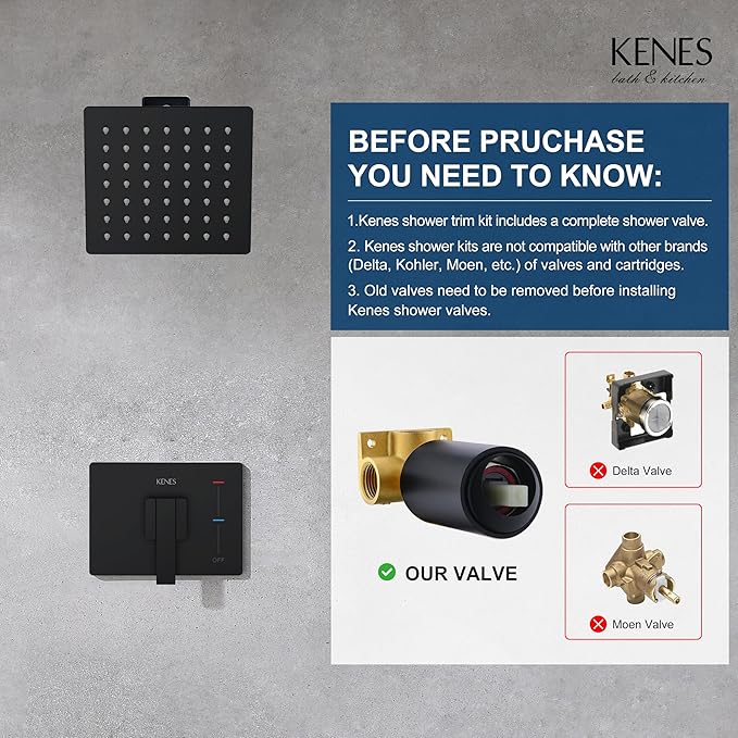 KENES Matte Black Shower Faucet with 6-Inch Shower Head and Handle Set, Square Shower Faucet Set Bathroom Rainfall Shower System Wall Mount, KE-6025B-2 (Shower Valve Included)