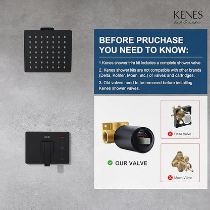 KENES Matte Black Shower Faucet with 6-Inch Shower Head and Handle Set, Square Shower Faucet Set Bathroom Rainfall Shower System Wall Mount, KE-6025B-2 (Shower Valve Included)